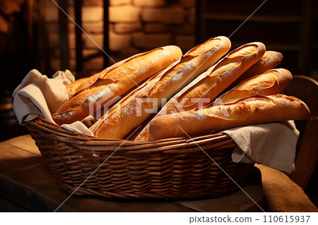 Generative AI A basket of fresh French baguettes 110615937