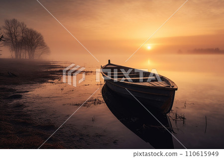 Generative AI A boat that is on the edge of a lake in the fog 110615949