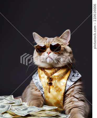 Funny rich boss cat in sunglasses holding cash in dollars. 110616006