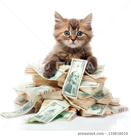 Funny rich cat holds cash in dollars. 110616010