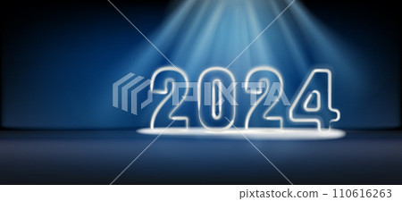 2024 Happy New Year shining light sparkles, blue background. Gold numbers decoration and glow light effect 110616263
