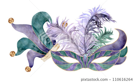 Hand drawn watercolor Mardi Gras carnival symbols. Theater masquerade circus mask feathers, jester fool hat bells. Composition isolated on white background. Design for party invitation, print, shop 110616264