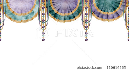 Hand drawn watercolor Mardi Gras carnival symbols. Garland festoon pelmet bead drape pearl strings, gold purple green. Seamless banner isolated on white background. Design party invitation, print shop 110616265