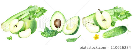 A set of compositions with green apple, cucumber, spinach, avocado and celery. Watercolor illustration isolated on white. For clipart cards menu label 110616284
