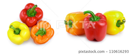 yellow orange and red sweet bell pepper isolated on white background. Top view. Flat lay yellow orange and red sweet bell pepper isolated on white background. Top view. Flat lay 110616293