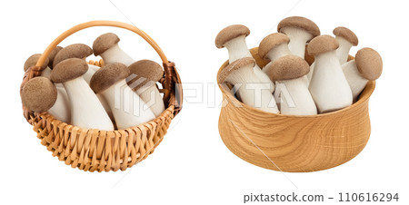 King Oyster mushroom or Eringi in wicker basket isolated on white background with full depth of field. 110616294