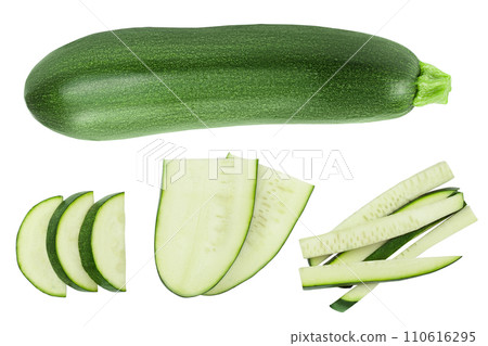 Fresh sliced zucchini isolated on white background with full depth of field. Top view. Flat lay Fresh sliced zucchini isolated on white background with full depth of field. Top view. Flat lay 110616295