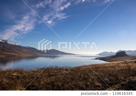 Fjord and mountains in the autumn, Eskifjordur, Iceland 110616385