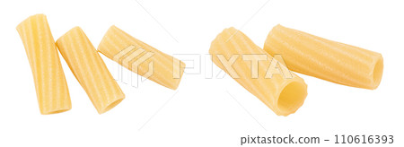 raw italian tortiglioni pasta isolated on white background with full depth of field. Top view. Flat lay 110616393
