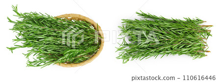 Rosemary twig and leaves in a wicker basket isolated on white background. Top view. Flat lay Rosemary twig and leaves in a wicker basket isolated on white background. Top view. Flat lay 110616446