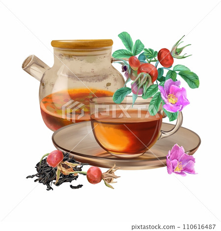 Cup of tea, teapot, dry tea leaves, rosehip. Graphic illustration isolated on white background. Cards, packaging, labels, covers, flyers, banners. Cup of tea, teapot, dry tea leaves, rosehip. Graphic illustration isolated on white background. Cards, packaging, labels, covers, flyers, banners. 110616487