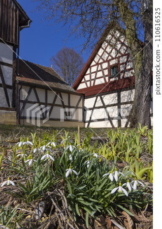 Half-timbered farmhouse, folk architecture in Doubrava, Western Bohemia, Czech Republic 110616525