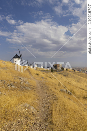 windmills and castle of Consuegra, Castilla La Mancha, Spain 110616707