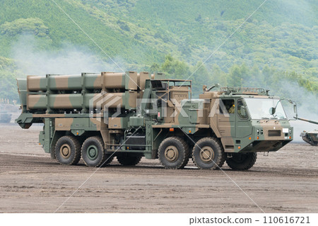 Japan Ground Self-Defense Force Type 12 surface-to-ship guided missile launcher running 110616721