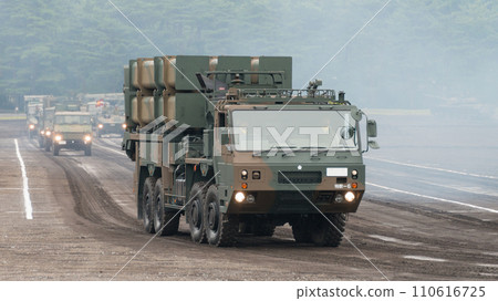 Japan Ground Self-Defense Force Type 12 surface-to-ship guided missile launcher running 110616725