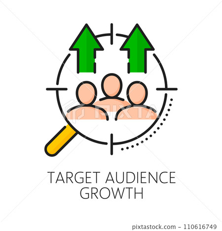 Target audience growth. SEM. Search engine marketing. Online marketing campaign, SEO results analytics or Internet ads performance line vector symbol with clients, magnifying glass and scope crosshair 110616749