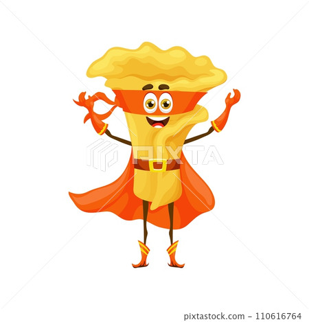 Cartoon campanelle italian pasta food superhero character. Isolated vector traditional Italy cuisine noodle defender personage fighting crime with his carb-loaded powers. Vigilante in cape and mask 110616764