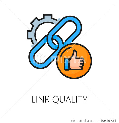 Link quality. Web audit icon. Online company survey report, SEO traffic audit or marketing campaign data control outline vector sign, web content research linear symbol with thumbs up and chain link 110616781