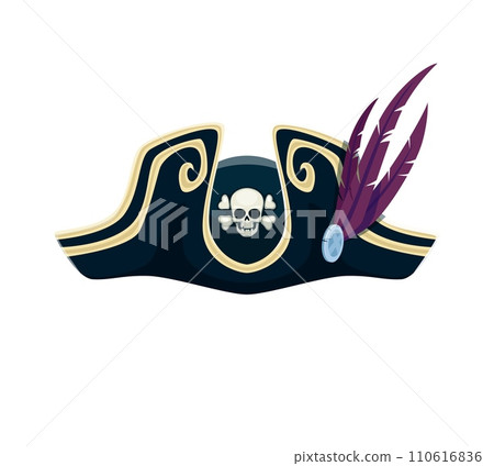 Cartoon pirate captain tricorn cocked hat. Vector seafarer headdress with purple feathers, jolly roger skull and crossbones. Isolated buccaneer headgear, sailor cap, filibuster piracy costume part Cartoon pirate captain tricorn cocked hat. Vector seafarer headdress with purple feathers, jolly roger skull and crossbones. Isolated buccaneer headgear, sailor cap, filibuster piracy costume part 110616836