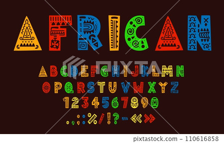 African font, tribal type, ethnic typeface, native english alphabet. Africa ornate font typeset letters and digits, English ABC, alphabet vector numeral, punctuation symbols with tribal ornaments 110616858