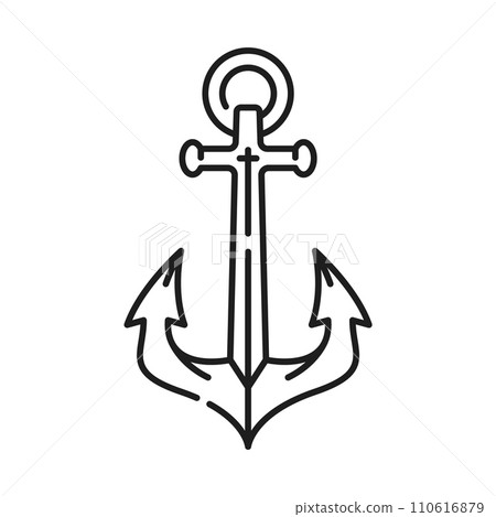 Naval ship, marine boat anchor thin line icon. Marine cruise vessel iron hook outline icon, maritime travel or sailing ship yacht heavy equipment or Navy boat metal anchor vector symbol or sign 110616879