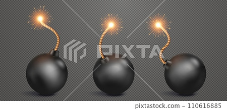 Realistic bomb with burning wick fuse. Antique explosion ball, firework or pirates bomb icon. Isolated 3d vector TNT, dynamite or firecracker with burning and sparkling wick rope fuse 110616885