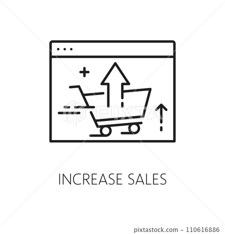 Increase sales. SEM. Search engine marketing. search engine marketing performance, SEO campaign or SEM analytics thin line vector pictogram, social media ads service line icon with shopping cart Increase sales. SEM. Search engine marketing. search engine marketing performance, SEO campaign or SEM analytics thin line vector pictogram, social media ads service line icon with shopping cart 110616886