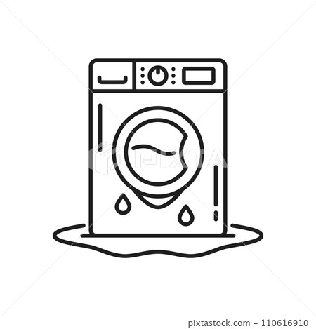 Plumbing service icon with broken washing machine and water puddle. Isolated linear monochrome sign conveys quick and efficient solutions for restoring and repair functionality to household appliances Plumbing service icon with broken washing machine and water puddle. Isolated linear monochrome sign conveys quick and efficient solutions for restoring and repair functionality to household appliances 110616910