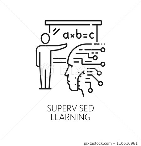 Supervised learning, AI machine and artificial intelligence algorithm icon in line vector. AI robot brain or artificial intelligence and smart mind learning technology by supervised teacher control 110616961