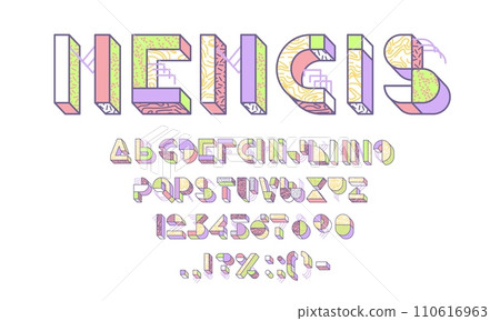 3d block font, Memphis type, geometric 90s typeface, traditional english alphabet script. Vintage design font typeset numeral and punctuation special symbols, vector English ABC with Memphis pattern 110616963