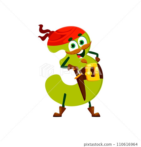 Cartoon funny number 3 pirate or corsair character in bandana with sword, vector emoji emoticon. Number three character as Caribbean pirate filibuster or buccaneer sailor with beard and mustaches 110616964