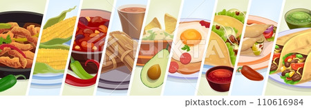 Tex Mex Mexican cuisine food collage of meals and dishes, vector background. Mexico cuisine collage of burrito, taco and quesadilla with tamale, guacamole avocado salsa and fajita with corn and chili 110616984
