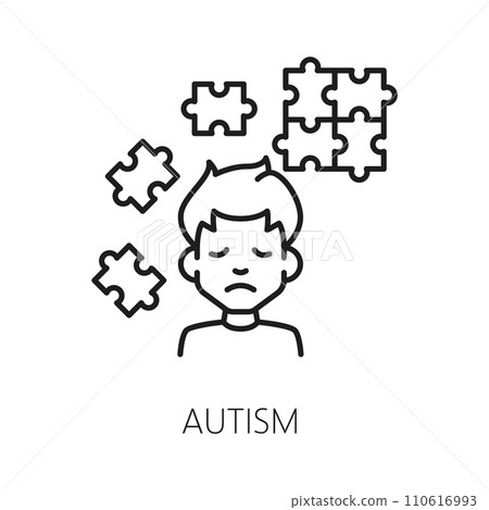 Autism psychological disorder problem, mental health. Human psychology, psychotherapy, cognitive disorder or mental health problem linear vector sign or symbol with autistic boy, jigsaw puzzles 110616993