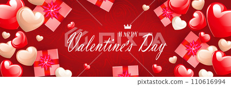 Red card Happy Valentine's Day, bright hearts and gift boxes 110616994