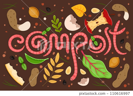 Cartoon typography word. Funny cartoon earth worms in waste soil ground, vector organic farming, environment, agriculture. Earthworms characters in compost with rotten food, fruit and vegetable wastes 110616997