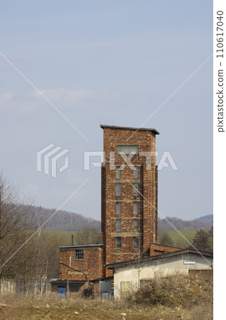 Red Tower of Death, UNESCO site with inscription in Czech language "Ruda vez smrti" a national monument in Dolni Zdar near Ostrov, Western Bohemia, Czech Republic 110617040
