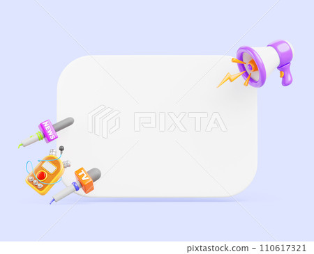 Press announcement cartoon banner 3d render. Blank white board with tv news microphones and loudspeaker on blue background. Concept of information about event, briefing or protest. 3D illustration Press announcement cartoon banner 3d render. Blank white board with tv news microphones and loudspeaker on blue background. Concept of information about event, briefing or protest. 3D illustration 110617321