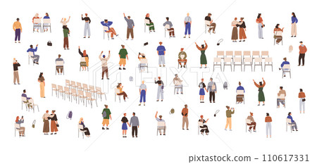 Crowd of people sitting and standing in the audience. Set of viewers of performance. Rear view. Standing and sitting spectator backs. crowd, social teamwork, citizen community, company team. Protest Crowd of people sitting and standing in the audience. Set of viewers of performance. Rear view. Standing and sitting spectator backs. crowd, social teamwork, citizen community, company team. Protest 110617331