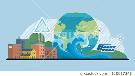 Clean city vector illustration. It adopts climate resilience strategies, promotes renewable energy, and implements sustainable transportation systems By prioritizing climate action 110617348