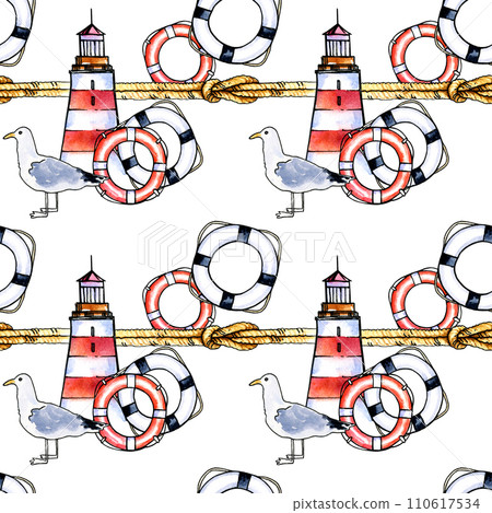 watercolor hand drawn composition with lighthouse, different striped lifelines and seabird, marine illustration, red and blue color isolated on white background 110617534