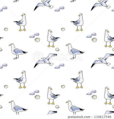 Watercolor seamless pattern with seagulls and stones, hand drawn sketch of different sea bird, white and grey flying bird isolated on white background 110617546