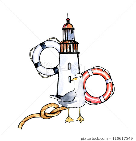 watercolor hand drawn composition with lighthouse, different striped lifelines, textured knot and seabird, marine illustration, red and blue color isolated on white background 110617549