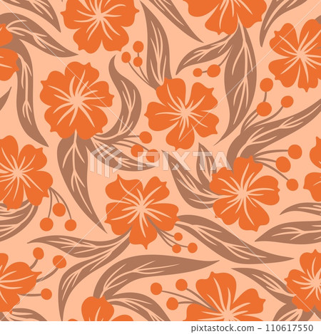 Hand drawn seamless pattern with floral flowers. Peach fuzz apricot orange ornament, simple retro pastel garden print with vintage ditsy elements. Color of the year design, trendy fabric background. 110617550