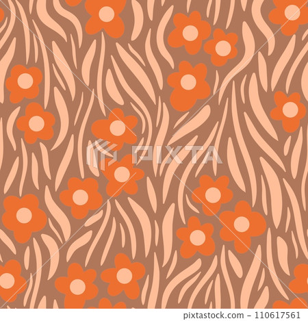 Hand drawn seamless pattern with floral flowers. Peach fuzz apricot orange ornament, simple retro pastel garden print with vintage ditsy elements. Color of the year design, trendy fabric background. 110617561