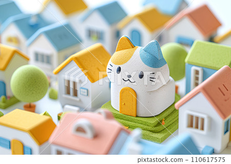 大貓和房子的風景（柔和的色彩） 110617575