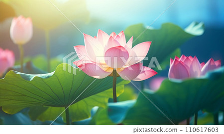 沐浴在人工智慧生成的光影像中的盛開蓮花的特寫 110617603