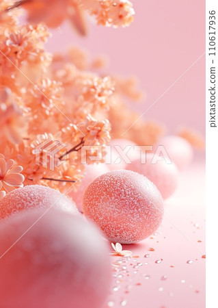 AI-generated content. Easter dreamy Peach Fuzz colored eggs with spring blooming flowers background. Futuristic Easter Eggs poster template. Trendy springtime festive holiday banner with copy space 110617936