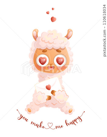 Happy enamored Llama. Cute alpaca animal with hearts ang love letter. Romantic valentine. Vector illustration in cartoon style. 110618034