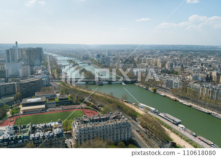 Aerial panoramic view of Paris cityscape with Seine river, Bir Hakeim bridge, island of Swans Aerial panoramic view of Paris cityscape with Seine river, Bir Hakeim bridge, island of Swans 110618080