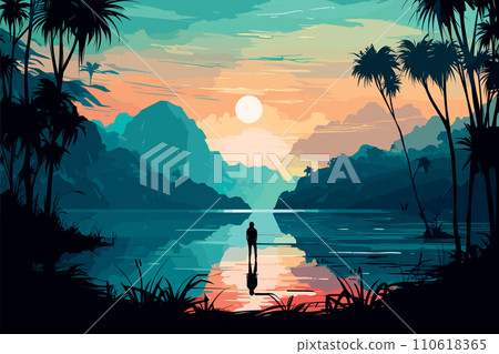 AI-generated content. lonely person by lake in jungle landscape adventure design vector illustration 110618365